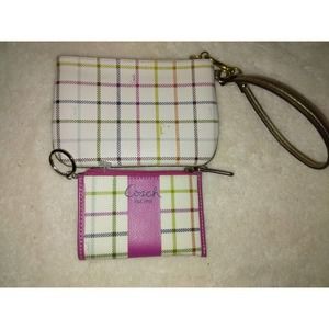 COACH Tattersall Plaid Coated Canvas Zip Strap Wristlet & Card Holder NWOT - 2PC